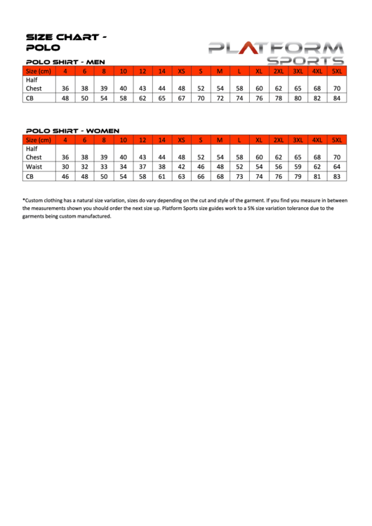 Platform Sports Polo Size Chart Printable pdf