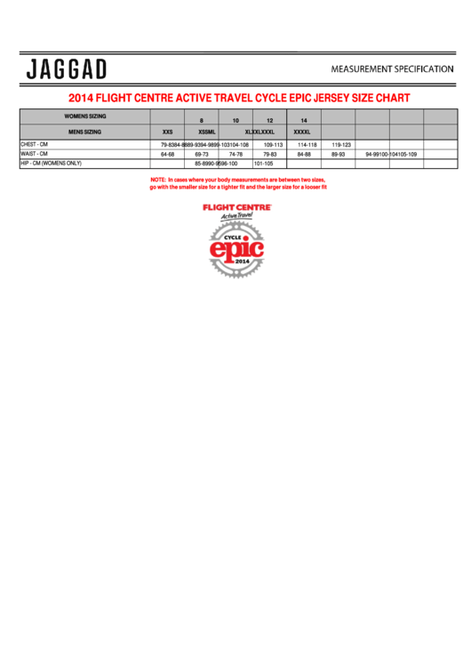 Jaggad Active Travel Cycle Epic Jersey Size Chart Printable pdf