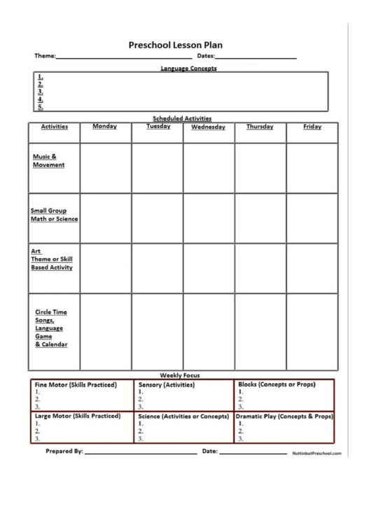 Preschool Lesson Plan printable pdf download