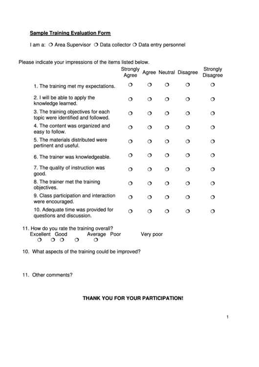 Sample Training Evaluation Form Printable pdf