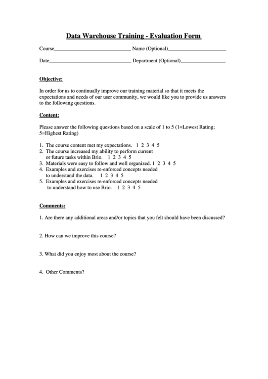 Data Warehouse Training Evaluation Form Printable pdf