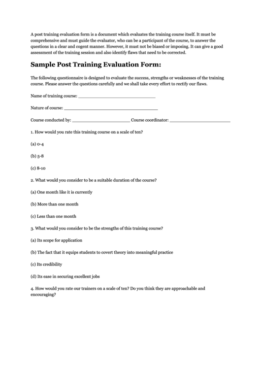 Sample Post Training Evaluation Form Printable pdf
