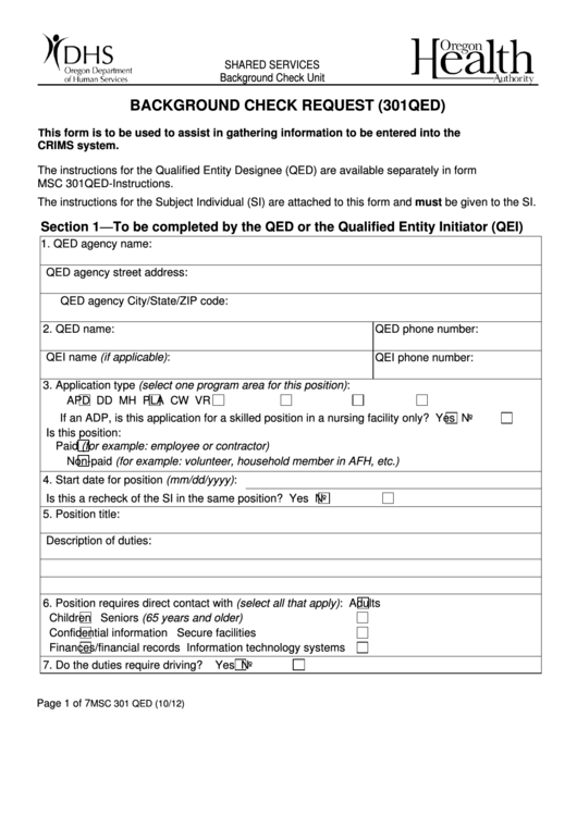Form Msc 301 Qed - Background Check Request Form Printable pdf