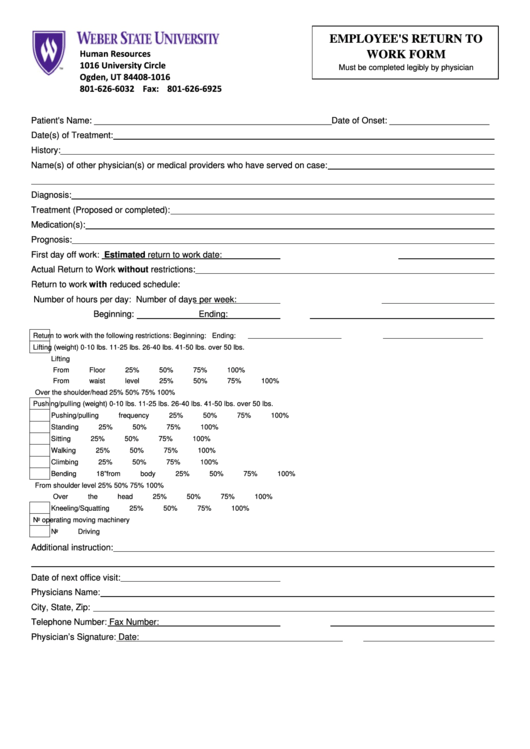 Employees Return To Work Form Printable pdf