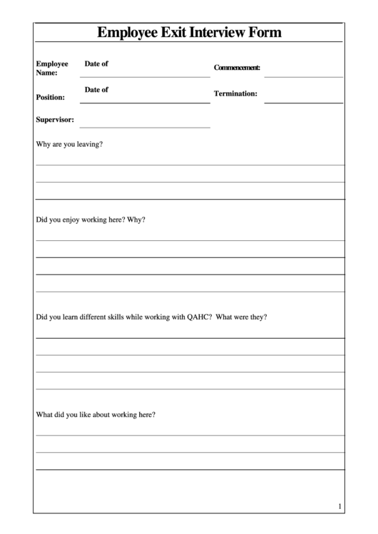 Employee Exit Interview Form Printable pdf