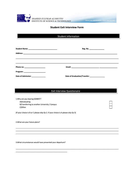 Student Exit Interview Form Printable pdf