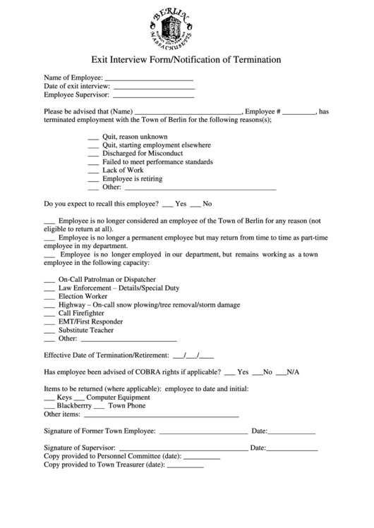 Exit Interview Form Notification Of Termination Printable pdf