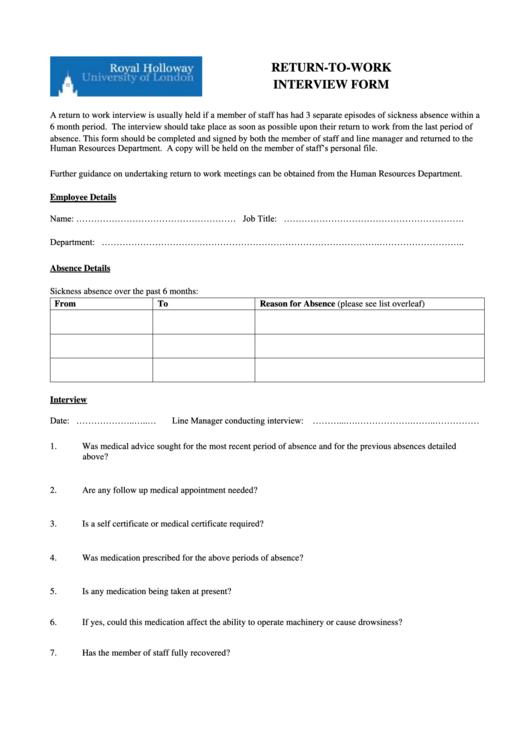 Return To Work Interview Form Printable pdf