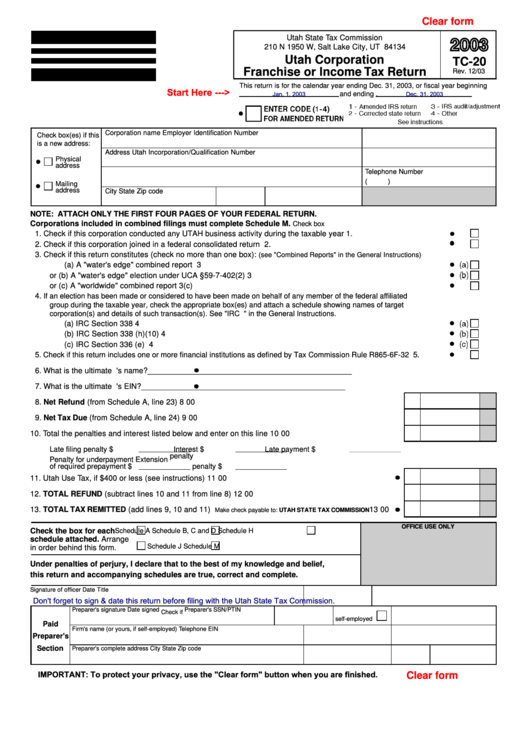 Fillable Form Tc-20 - Utah Corporation Franchise Or Income Tax Return - 2003 Printable pdf