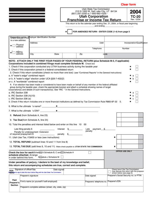 Fillable Form Tc-20 - Utah Corporation Franchise Or Income Tax Return - 2004 Printable pdf