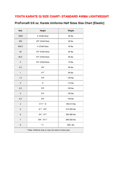 Youth Karate Gi Size Chart- Standard Awma Lightweight Printable pdf