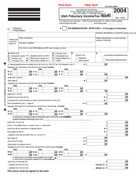 Fillable Form Tc-41 - Utah Fiduciary Income Tax Return - 2004 Printable pdf