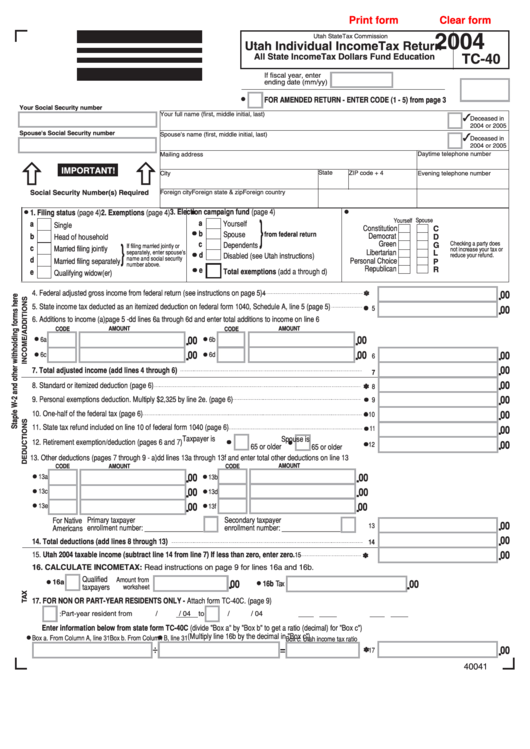 Fillable Form Tc40 - Utah Individual Income Tax Return - 2004 Printable pdf