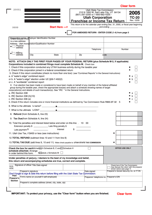 Fillable Form Tc-20 - Utah Corporation Franchise Or Income Tax Return - 2005 Printable pdf