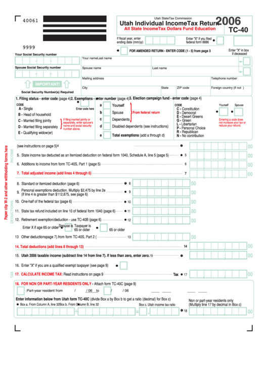 Form Tc-40 - Utah Individual Income Tax Return - 2006 Printable pdf