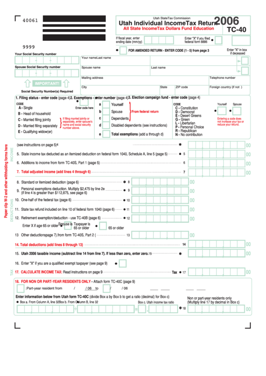 Form Tc 40 Utah Individual Income Tax Return 2006 Printable Pdf Download