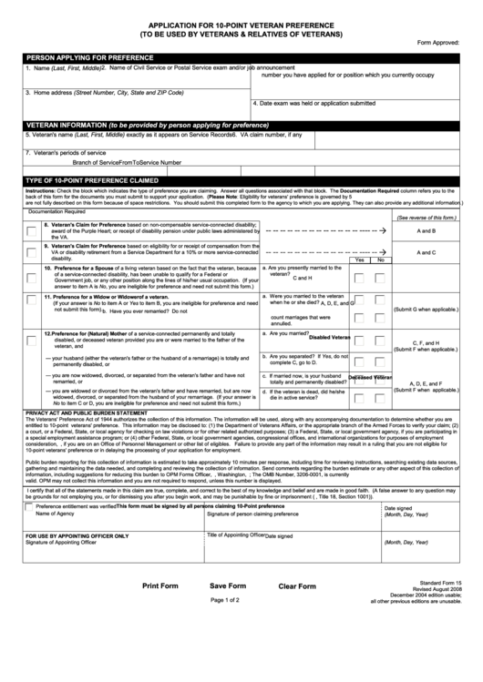 Fillable Standard Form 15 - Application For 10-Point Veteran Preference Printable pdf