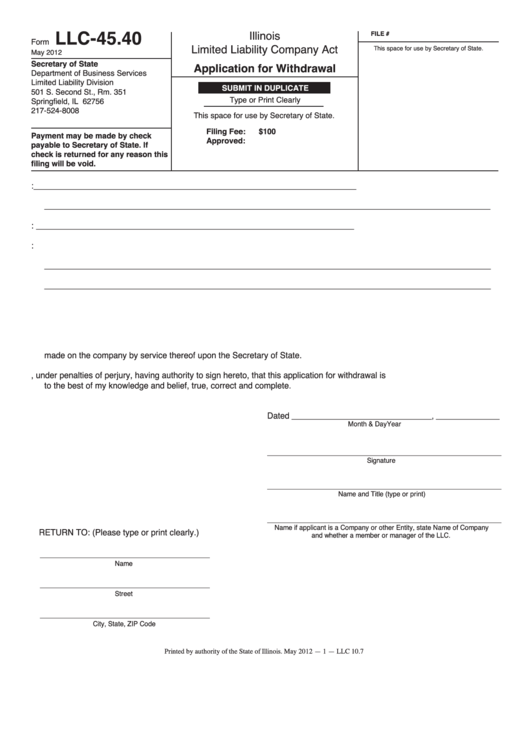 Fillable Form Llc-45.40 - Application For Withdrawal Printable pdf