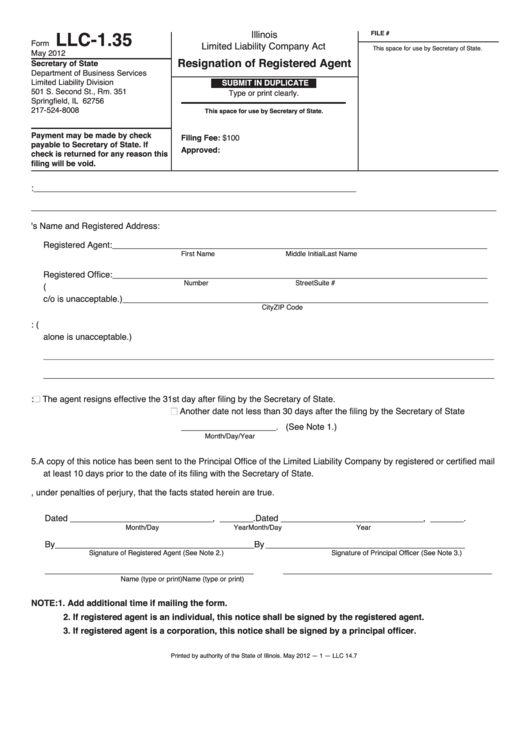 Fillable Form Llc-1.35 - Resignation Of Registered Agent Llc - Illinois Secretary Of State Printable pdf