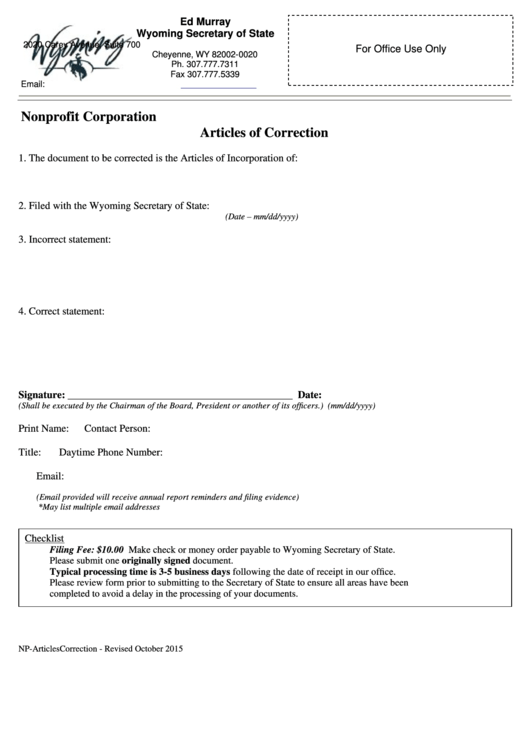 Fillable Nonprofit Corporation Articles Of Correction - Wyoming Secretary Of State Printable pdf