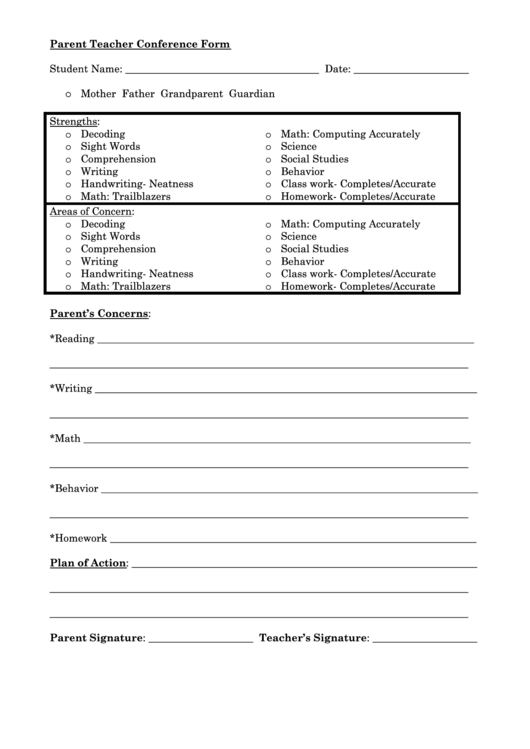 Parent Teacher Conference Form Printable pdf