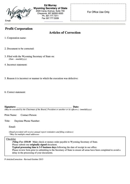 Fillable Profit Corporation Articles Of Correction - Wyoming Secretary Of State Printable pdf