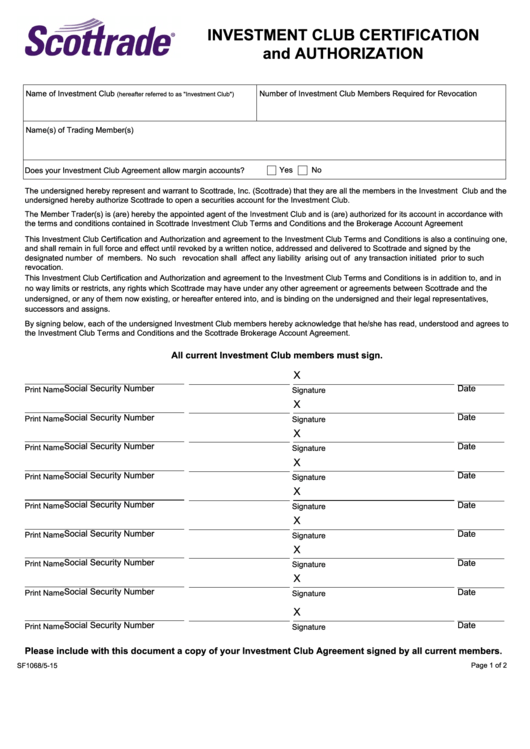 Fillable Investment Club Certification Form Printable pdf
