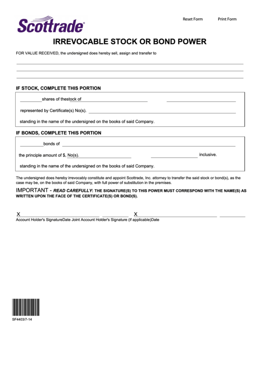 Fillable Irrevocable Stock Or Bond Power Form Printable pdf