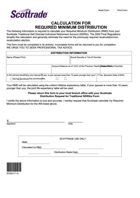 Fillable Calculation For Required Minimum Distribution Form Printable pdf