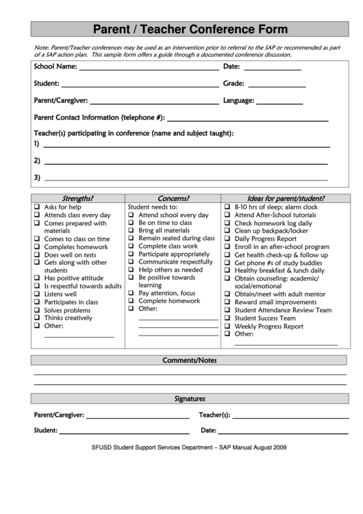 Parent Teacher Conference Form Printable pdf