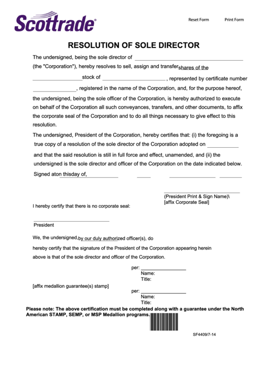 Fillable Resolution Of Sole Director Form Printable pdf