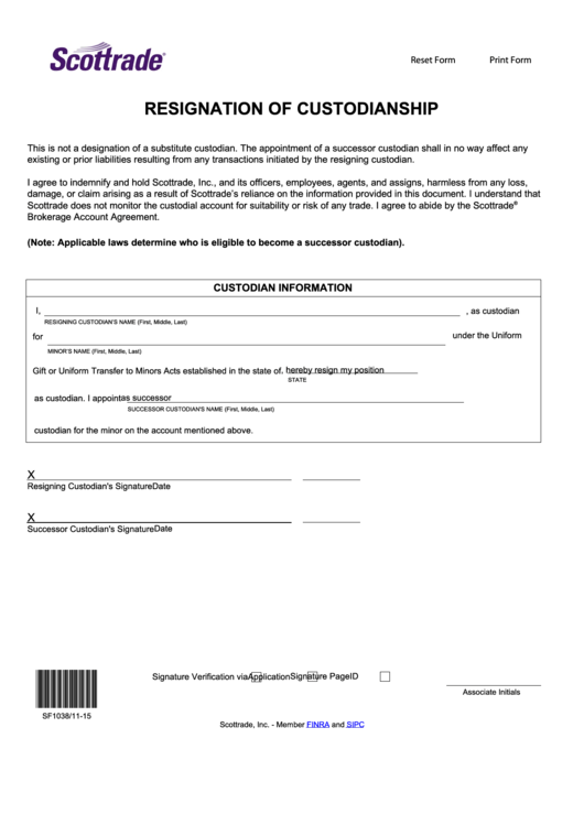 Fillable Resignation Of Custodianship Form Printable pdf