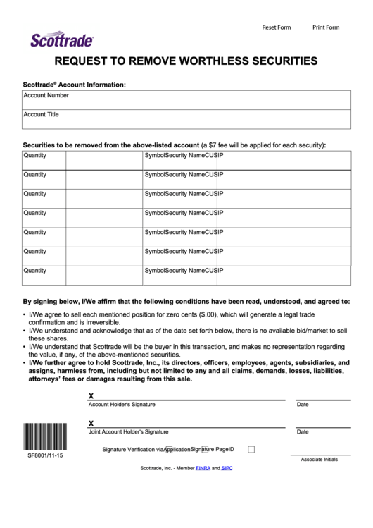 Request To Remove Worthless Securities Form Printable pdf
