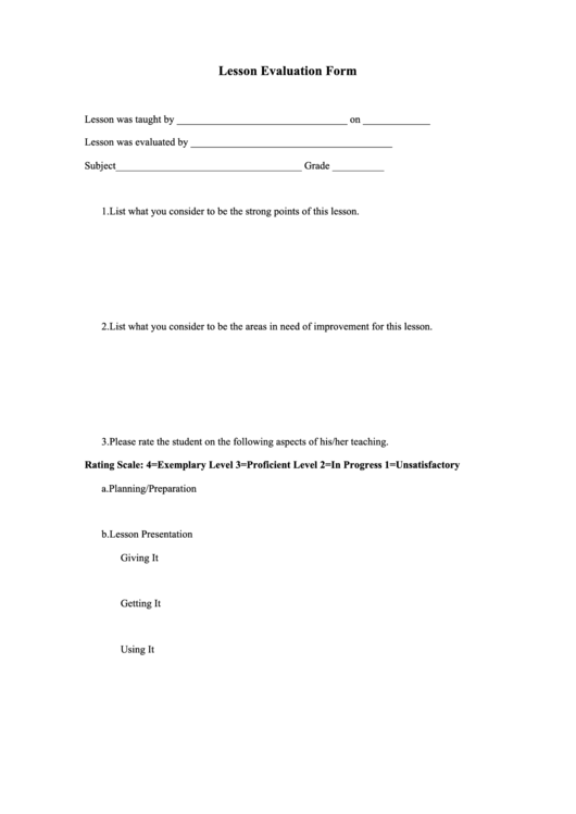 Lesson Evaluation Form Printable pdf