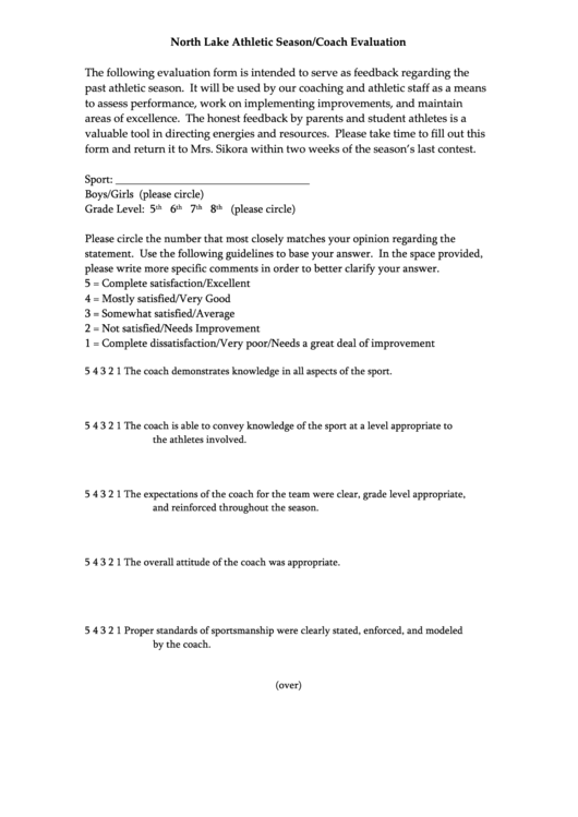 North Lake Athletic Season Coach Evaluation Printable pdf