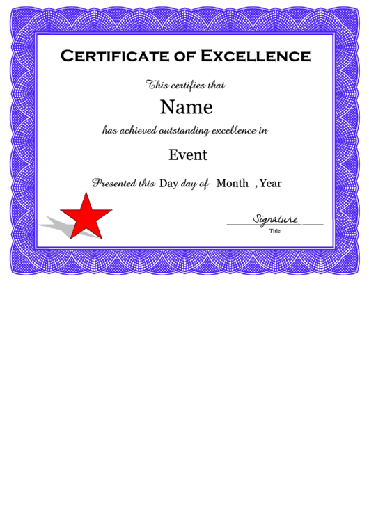 Fillable Certificate Of Excellence Template Printable pdf