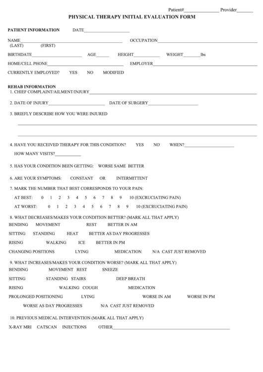 Fillable Physical Therapy Initial Evaluation Form Printable pdf