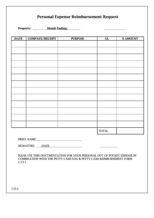 Personal Expense Reimbursement Request Printable pdf