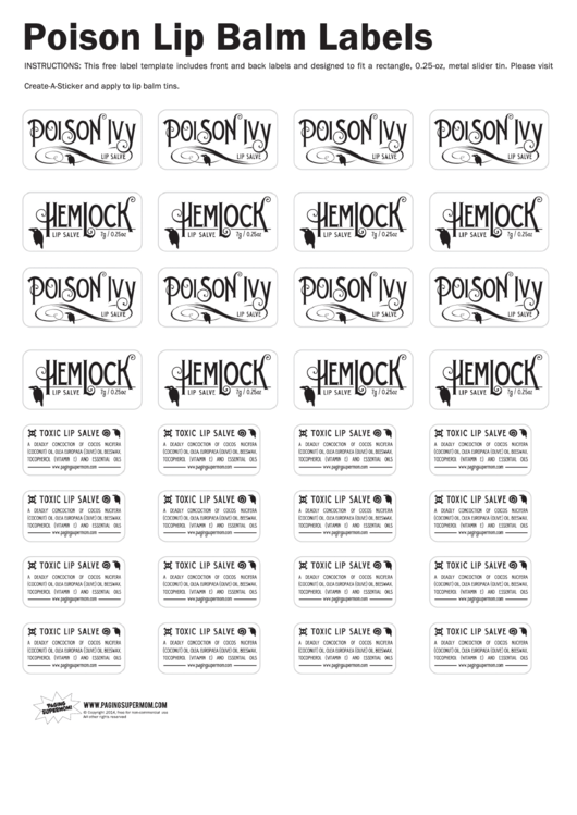 Poison Lip Balm Labels Printable pdf