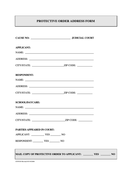 Fillable Form Civfc03 - Protective Order Address Form Printable pdf