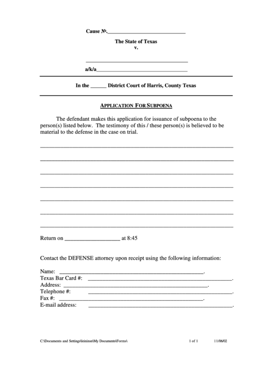 Fillable Application For Subpoena Printable Pdf Download