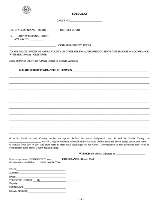 Fillable Subpoena - State Of Texas District Court Printable pdf
