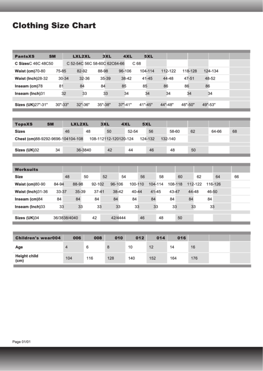 Clothing Size Chart Printable pdf