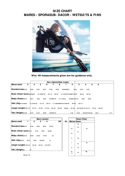 Mares Sporasub Dacor Wetsuits & Fins Size Chart printable pdf download