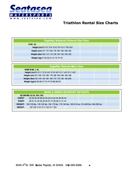 Seatasea Triathlon Rental Size Charts Printable pdf