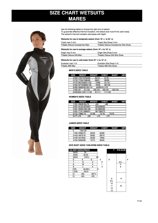 Mares Wetsuits Size Chart printable pdf download