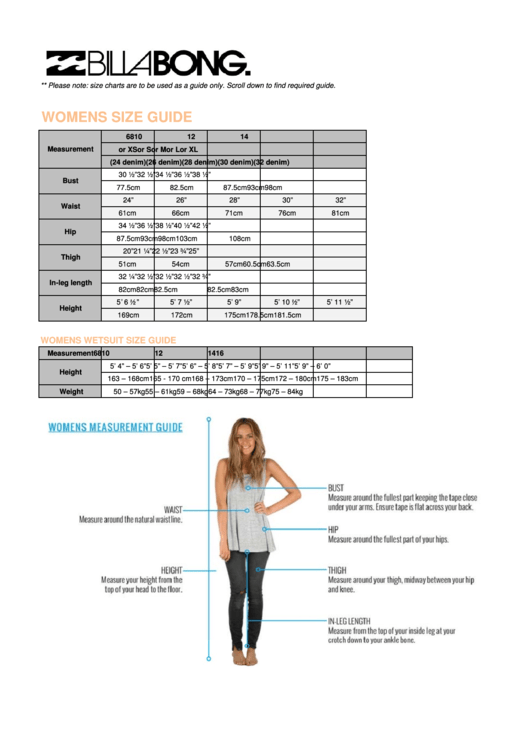 Billa Bong Womens Wetsuit Size Guide Printable pdf
