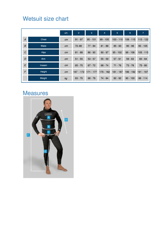 Omer Wetsuit Size Chart printable pdf download