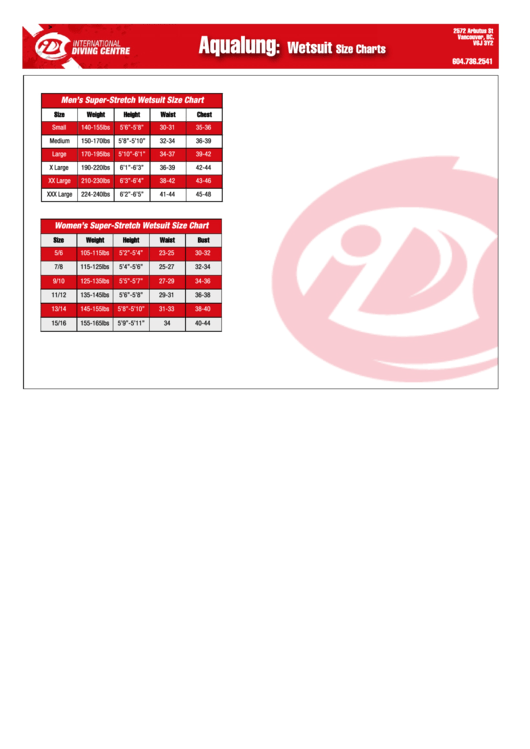 Aqualung Wetsuit Size Charts Printable pdf