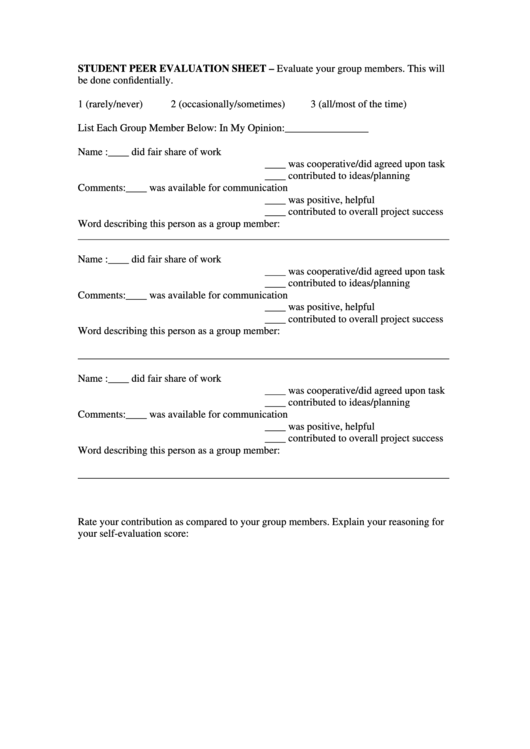 Student Peer Evaluation Sheet Printable pdf